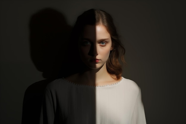 Portrait of a beautiful girl in a white dress on a dark background with shadow