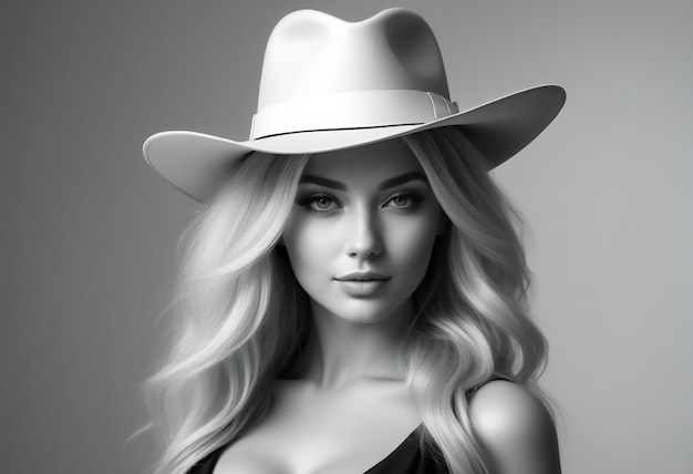 Portrait of a beautiful girl in a white hat Black and white photo