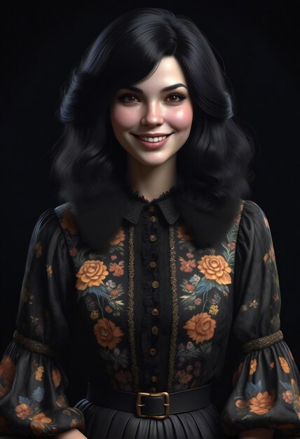 Portrait of a beautiful girl with black hair in a vintage dress