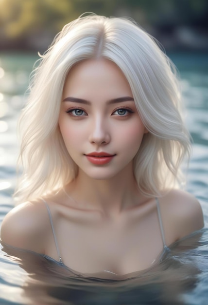 Portrait of a beautiful girl with blond hair in a swimming pool