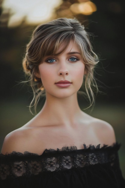 Portrait of a beautiful girl with blue eyes in a black dress