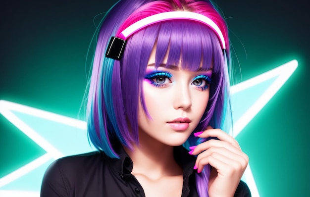 Portrait of a beautiful girl with a bright hairstyle in neon light