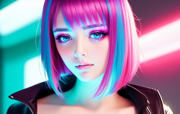 Portrait of a beautiful girl with a bright hairstyle in neon light