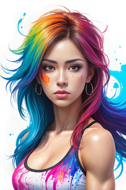 Portrait of a beautiful girl with bright makeup and colorful hair