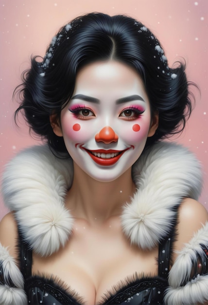 Portrait of a beautiful girl with bright makeup and red clown nose