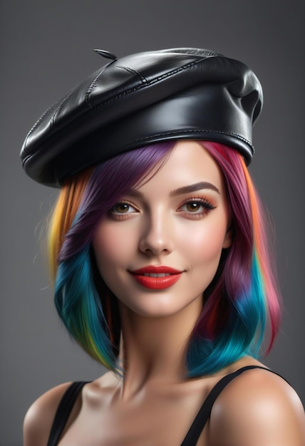 Portrait of a beautiful girl with colorful hair and a cap on her head