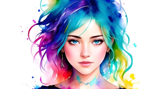 Portrait of a beautiful girl with colorful hair Fashion illustration