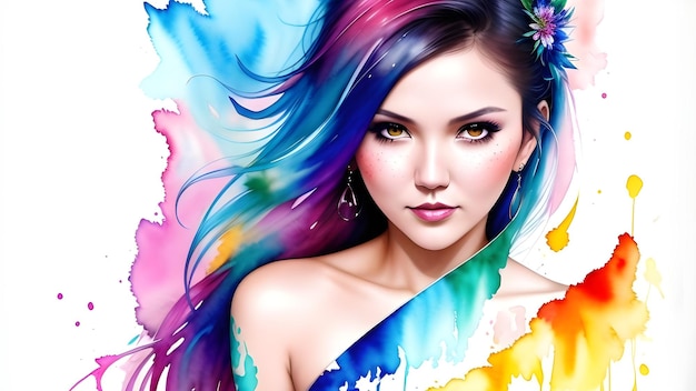 Portrait of a beautiful girl with colorful hair Fashion illustration