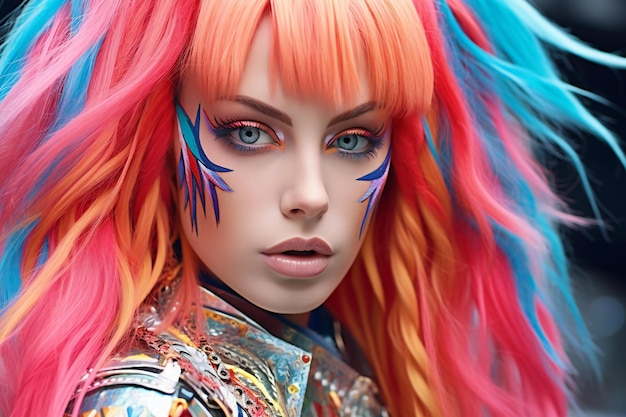 Portrait of a beautiful girl with colorful hair and makeup