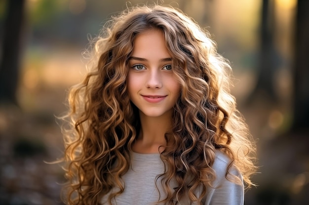 Portrait of a beautiful girl with curly hair in the autumn park