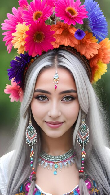 Portrait of beautiful girl with flower wreath on her head