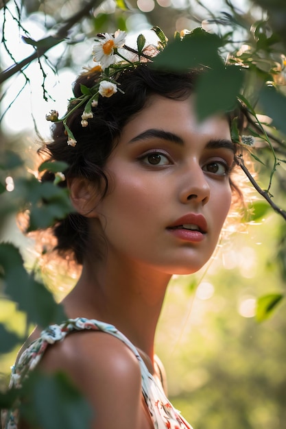 Portrait of beautiful girl with flowers in her hair in the garden