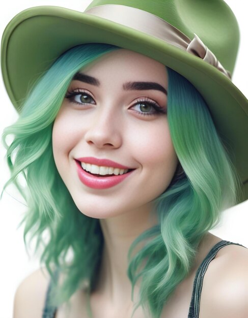 Portrait of a beautiful girl with green hair in a green hat