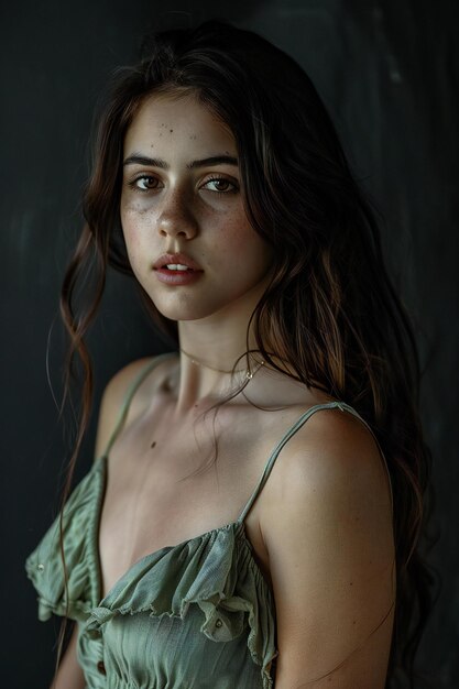 Portrait of a beautiful girl with long hair in a green dress