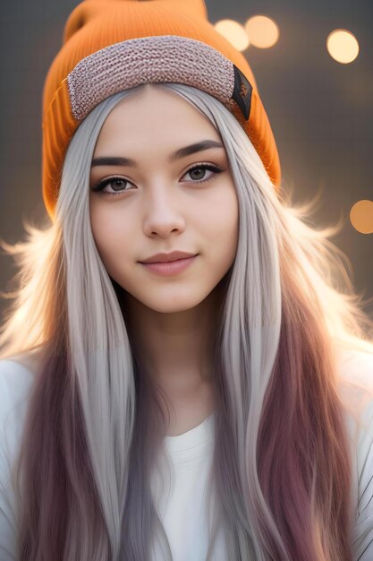 Portrait of a beautiful girl with long hair in a warm hat