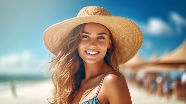 Portrait of a beautiful girl with long loose hair on the beach in front of the sea