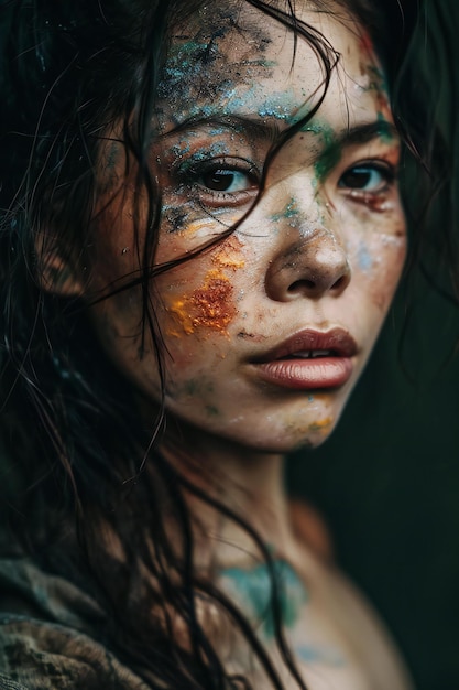 Portrait of a beautiful girl with painted face and wet hair