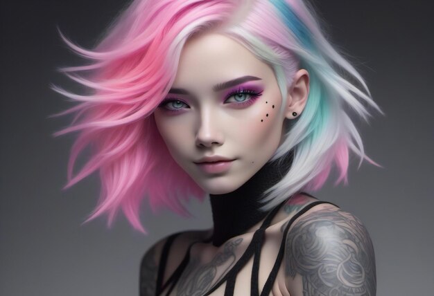 Portrait of a beautiful girl with pink hair and bright makeup