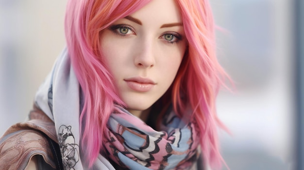 Portrait of a beautiful girl with pink hair in a gray scarf