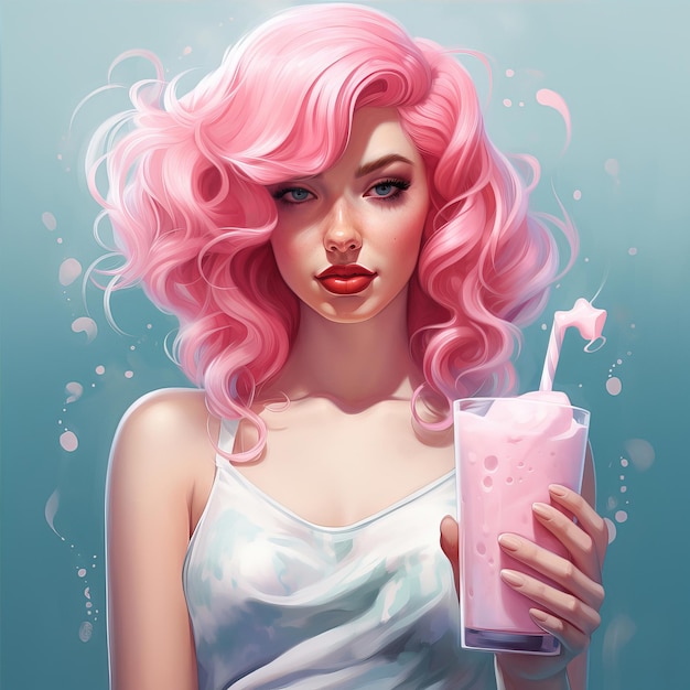 Portrait of a beautiful girl with pink hair and milkshake