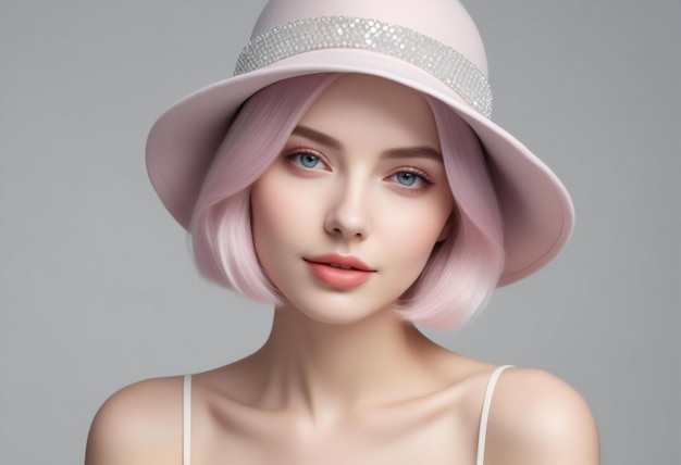 Portrait of a beautiful girl with pink hair in a pink hat