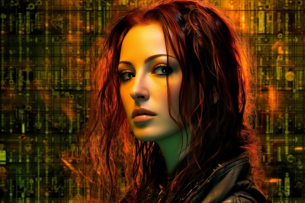 Portrait of a beautiful girl with red hair on a futuristic background