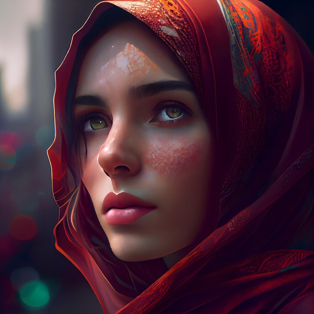 Portrait of a beautiful girl with red veil in the city