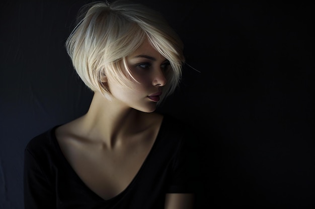 Portrait of a beautiful girl with short blond hair on a black background