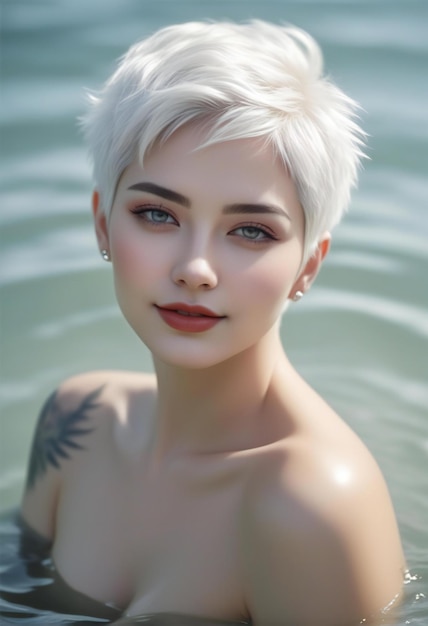 Portrait of a beautiful girl with short white hair in the water