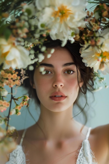 Portrait of a beautiful girl in a wreath of flowers