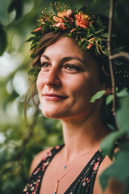 Portrait of a beautiful girl in a wreath of flowers