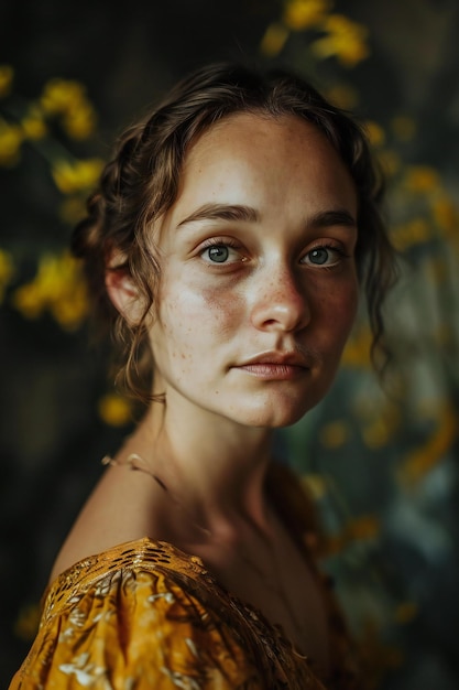 Portrait of a beautiful girl in a yellow dress on a dark background