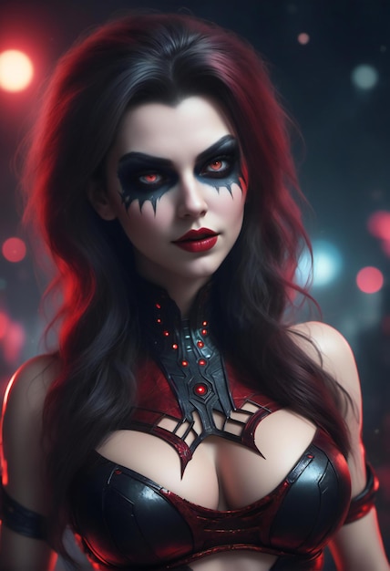 Portrait of beautiful gothic woman in red corset and mask