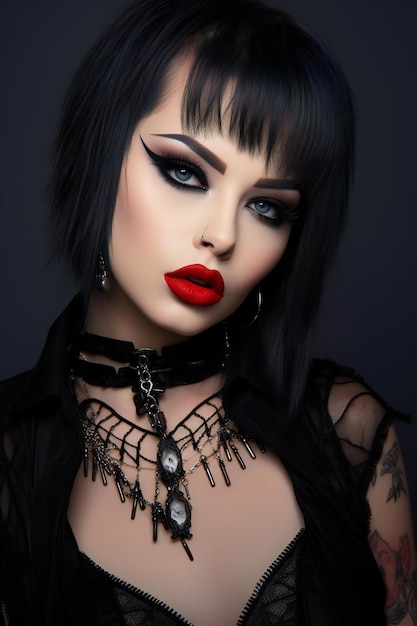 Portrait of a beautiful gothic woman with black hair and red lips