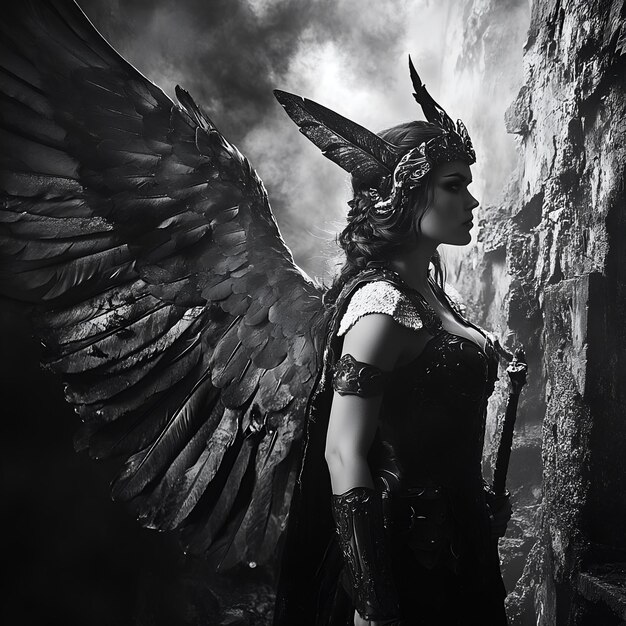 Photo portrait of a beautiful gothic woman with black wings