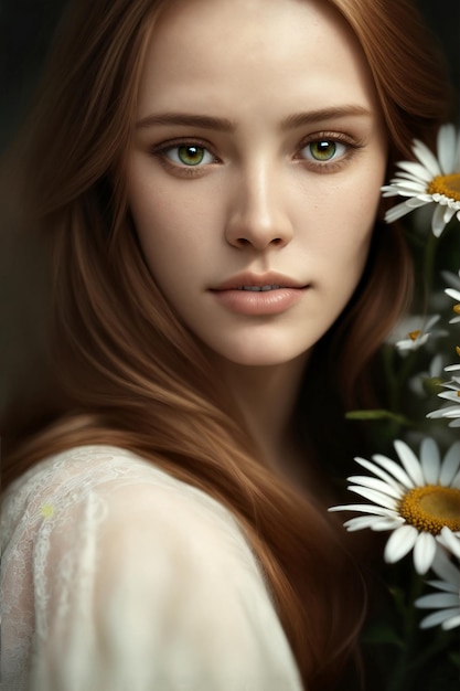 Portrait of a beautiful greeneyed girl with daisies Closeup portrait