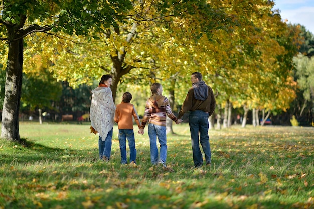 Portrait of a beautiful happy family in autumn park,back view