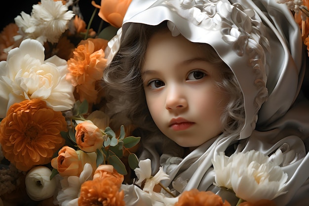 portrait of a beautiful happy little girl with flowers