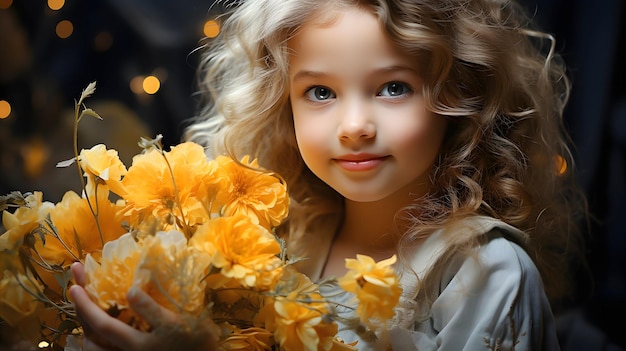 portrait of a beautiful happy little girl with flowers