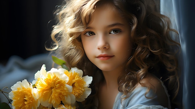 portrait of a beautiful happy little girl with flowers