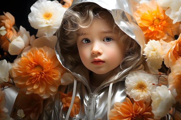 portrait of a beautiful happy little girl with flowers