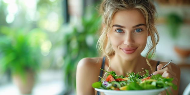 Photo portrait of a beautiful healthy healthconscious white woman wearing workout clothes eating a salad from a white plate with a blurred background