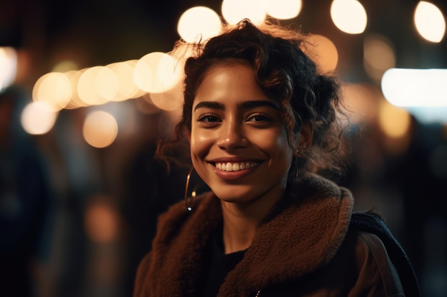 Portrait beautiful hispanic woman smiling happy in city evening with lights in background