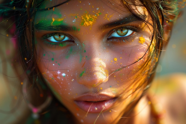 Portrait of a beautiful indian girl with deep green eyes in the celebration of holi festival