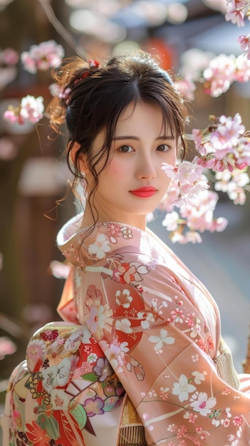 Portrait of a beautiful Japanese woman in traditional kimono