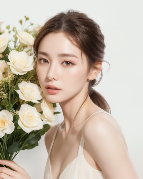 Portrait of beautiful japanese women with ponytails wearing ballet dress with flowers