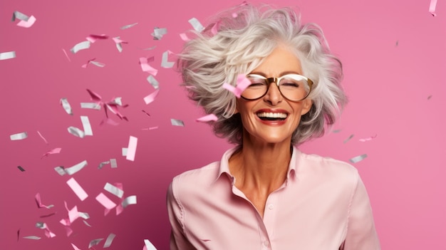 Portrait of beautiful joyful stylish senior woman 5060 years old celebrating with confetti falling against pink background with copy space Birthday happiness enjoyment of life positive emotions