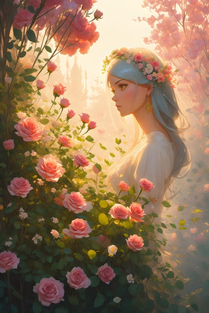 Portrait of a beautiful lady with rose flowers