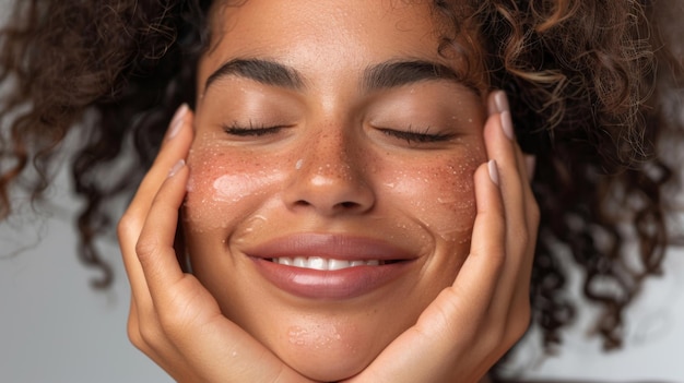 Portrait of beautiful latin woman touching her clean and healthy face against grey background Smiling hispanic woman with natural makeup feeling healthy skin with eyes closed Beauty care pampering