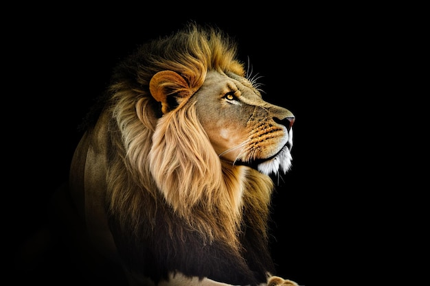 Portrait of a Beautiful Lion with a large mane against a black background shot in profile